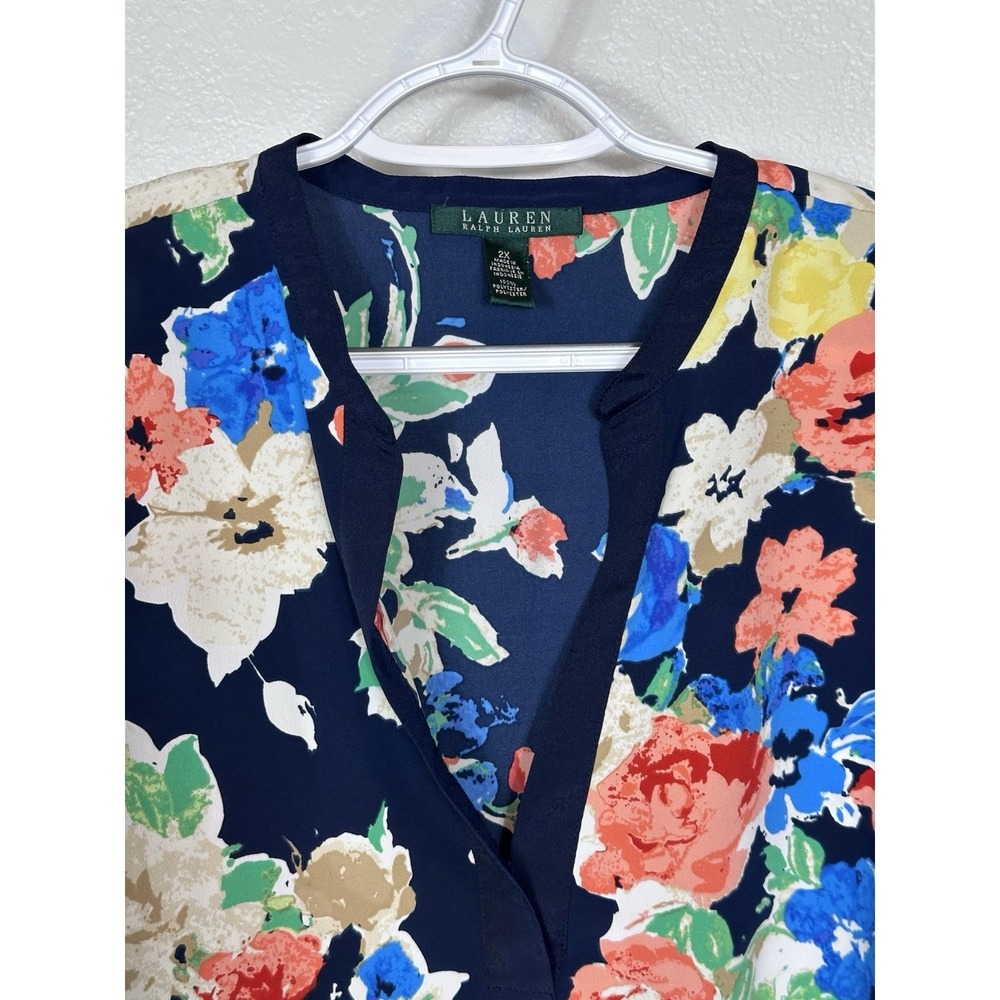 Ralph Lauren LRL Navy Floral Popover Tunic Plus Sz 2X Long Sleeve Split Neck - Picture 5 of 10